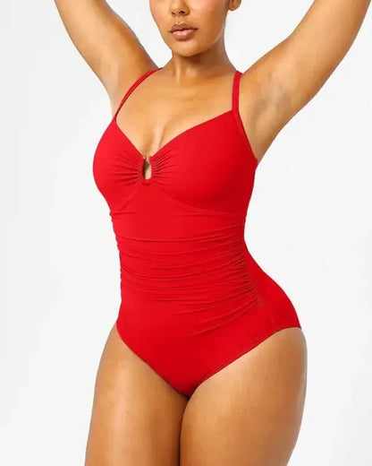 Smart Sculpt U-Ring One Piece Swimsuit - Shiny V-Neck Ruching Waist Backless Shaping Beachwear