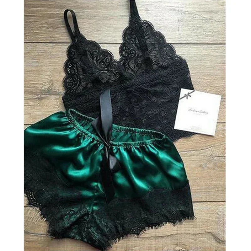 Women's Lace Babydoll Sleepwear Set - V-Neck Sleeveless Lingerie Top & Shorts
