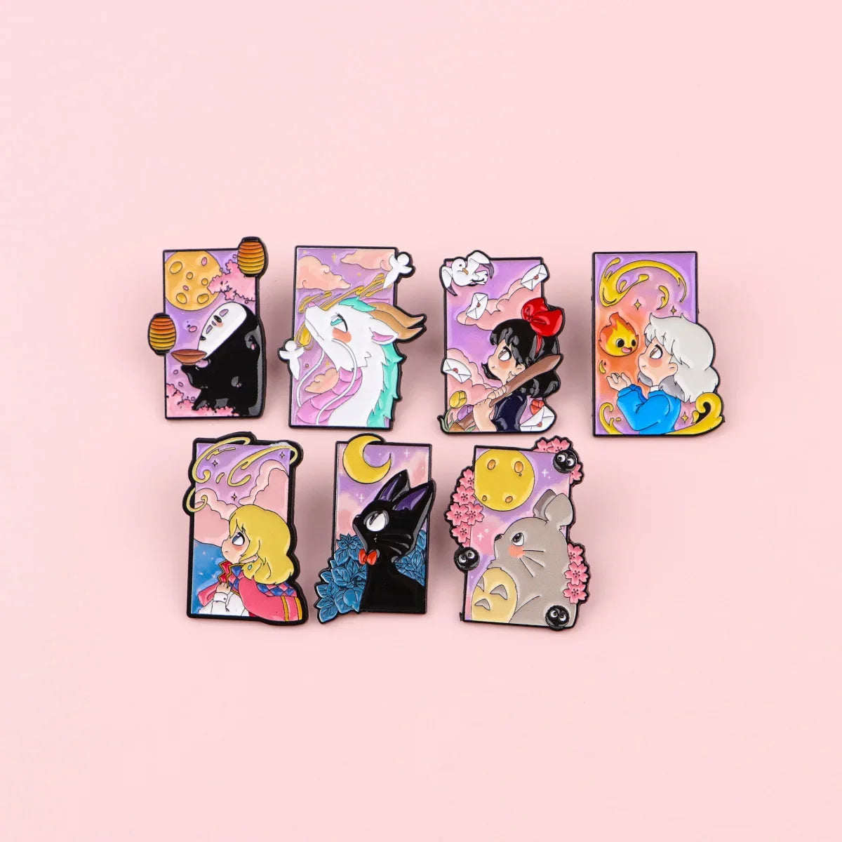 Cute Black Cat Enamel Pin Set - 7PCS Cartoon Brooch Lapel Badges for Women, Cosplay & Fashion Accessories
