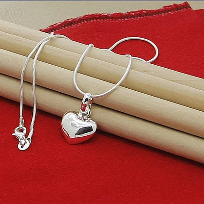 Fine 925 Sterling Silver Solid Heart Necklace — 18–24 Inch Snake Chain for Women, Wedding Charm, Luxury Fashion Jewelry
