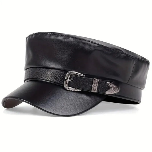 Fashion Women’s & Men’s Leather Sailor Hat – Large Belt Buckle Beret, Flat Top Captain Military Cap for Spring & Autumn