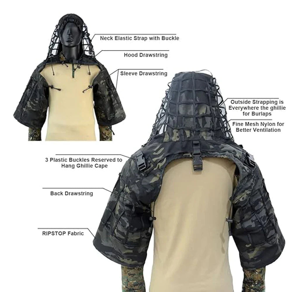 Ghillie Suit Tactical Sniper Coat – Viper Hood Camouflage Clothing for Airsoft, Paintball & Hunting, Ripstop Fabric