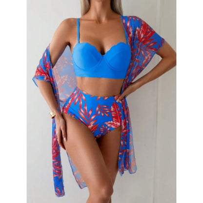 Elegant 3-Piece Vintage Bikini Set for Women – High Waist Swimsuit with Mesh Cover-Up 2025 Bathing Suit
