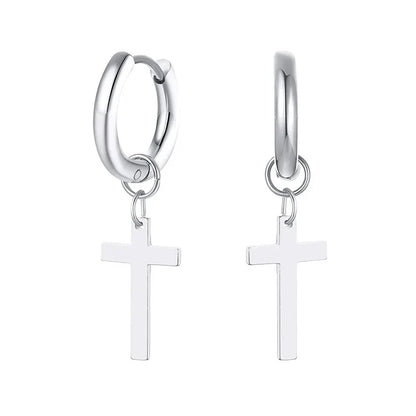 Stainless Steel Cross Charm Earrings - Men's Fashion Jewelry