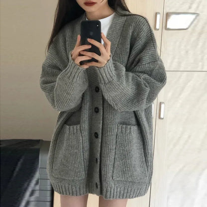 Autumn Winter Women’s Cardigan Sweater Coat – Fashion Long Sleeve V-Neck, Loose Fit Knitted Jacket, Casual Sweater Cardigan