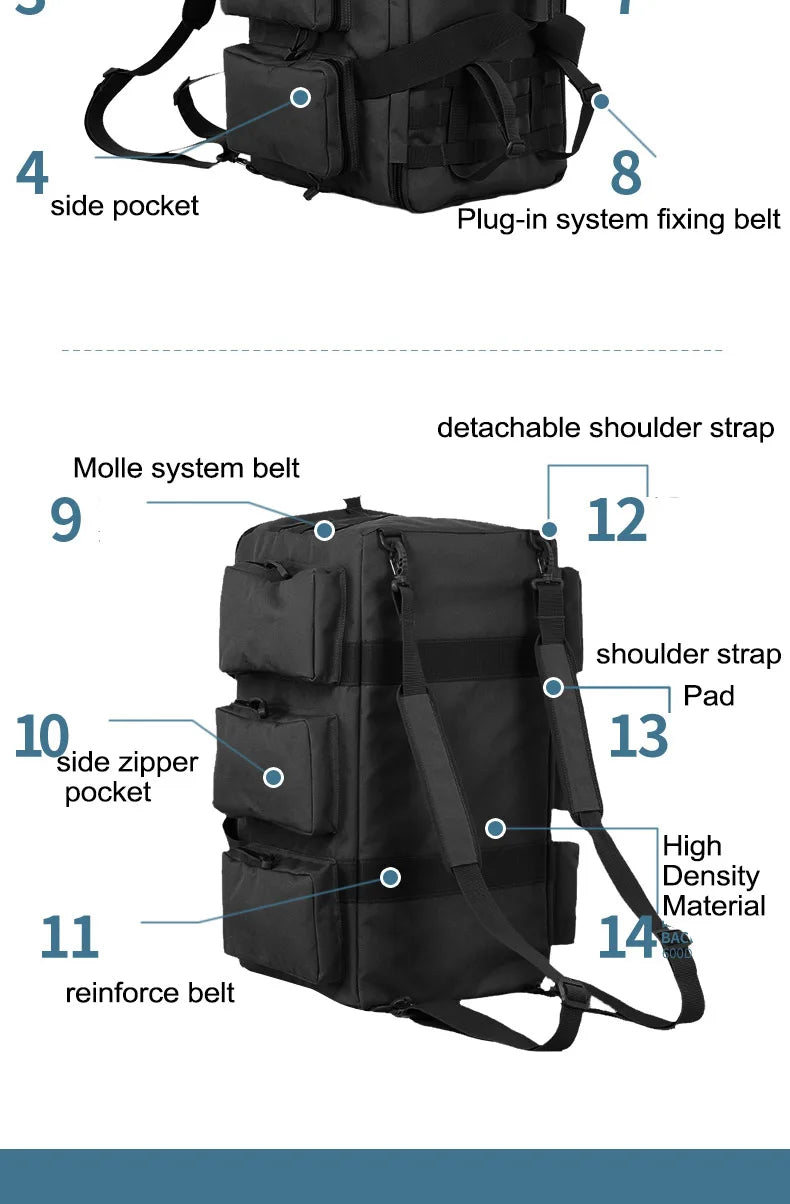 55L Tactical Duffel Bag – Large Camping Backpack for Hiking, Mountaineering, Travel & Gym, Men's Weekend Utility Bag