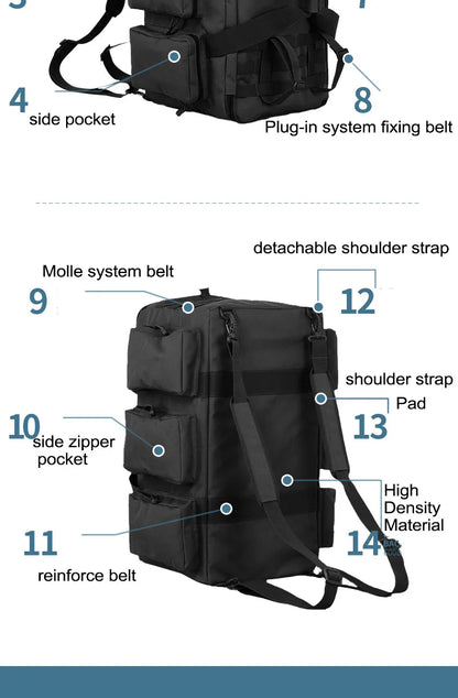 55L Tactical Duffel Bag – Large Camping Backpack for Hiking, Mountaineering, Travel & Gym, Men's Weekend Utility Bag
