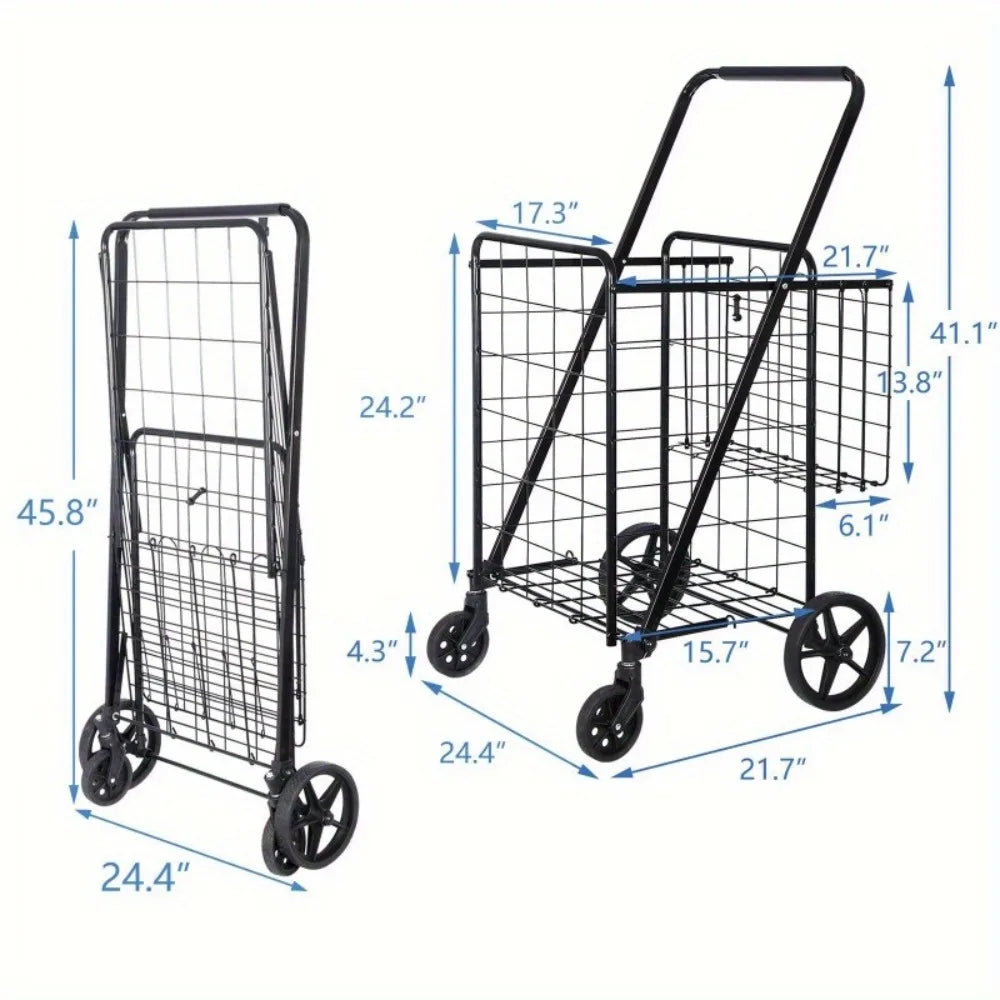 Foldable Shopping Cart with Wheels — Durable Black Utility Basket Trolley for Market & Home Use
