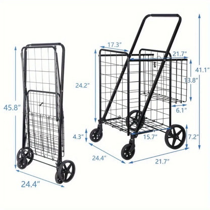 Foldable Shopping Cart with Wheels — Durable Black Utility Basket Trolley for Market & Home Use