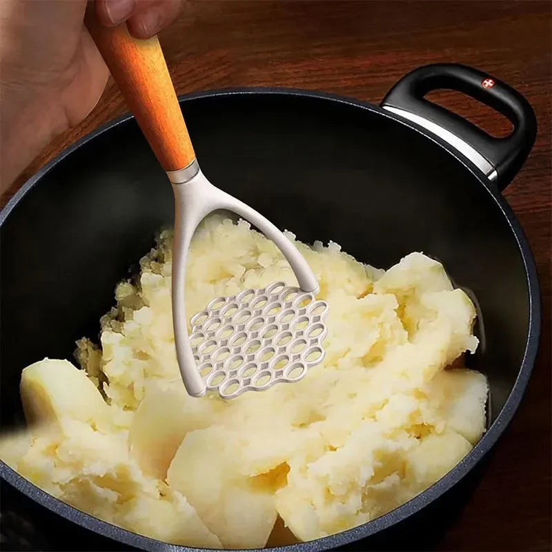 Aluminum Potato Masher & Meat Press - Wooden Handle Manual Kitchen Crusher & Garlic Masher