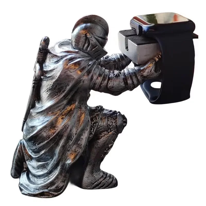 Apple Watch Charging Dock Stand – Cartoon Desktop Smartwatch Holder with Black Warrior Figurine Support