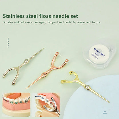 Stainless Steel Toothpick & Dental Floss Holder Set – Reusable Y-Shape Eco-Friendly Teeth Cleaning Tool