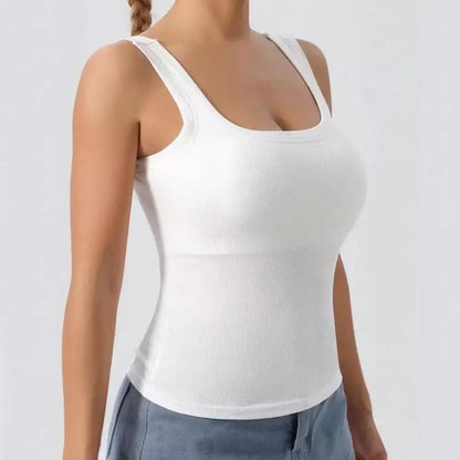 Women’s Built-In Bra Tank Top - Double-Layer Square Neck Yoga Camisole Vest
