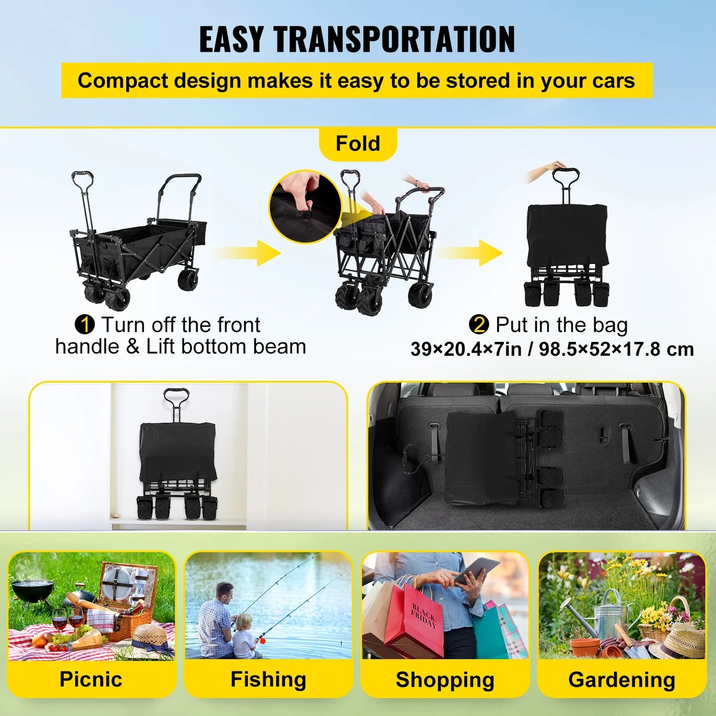VEVOR Folding Wagon Cart with Adjustable Handle & Removable Canopy – Collapsible Oxford Cloth Utility Cart for Camping, Beach & Outdoor Use