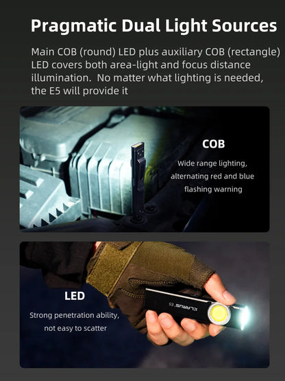 Klarus E5 COB Flashlight – Magnetic Dual Light Torch with 8 Lighting Modes, USB-C Rechargeable EDC Strobe for Emergency Use