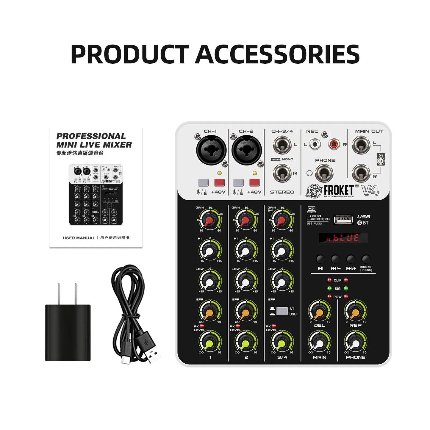 V4 4-Channel Audio Interface Mixer — USB & Bluetooth with 48V Phantom Power, Effects & Recording