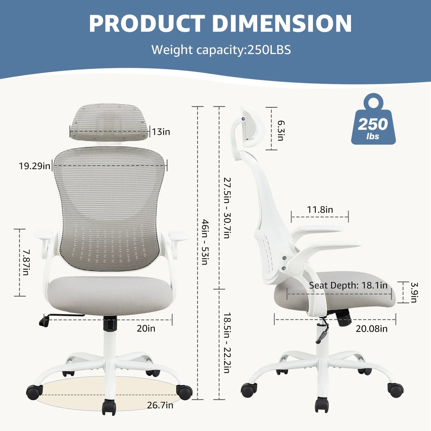 Mesh Ergonomic Office Chair – Adjustable Headrest, Flip-Up Arms, Comfortable Lumbar Support for Home & Office