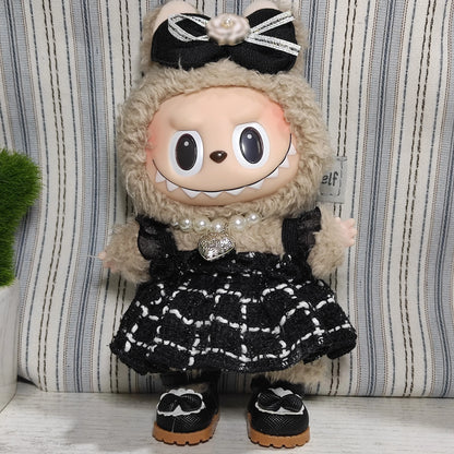 Labubu Doll Clothes Outfit — Black & White Plaid Dress Set | Mini Doll Clothing Accessories | DIY Girl Gift