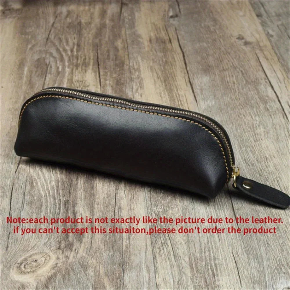 Vintage Leather Pencil Bag – Simple Zipper Pen Case & Stationery Holder Pouch for School Supplies, Glasses & Storage