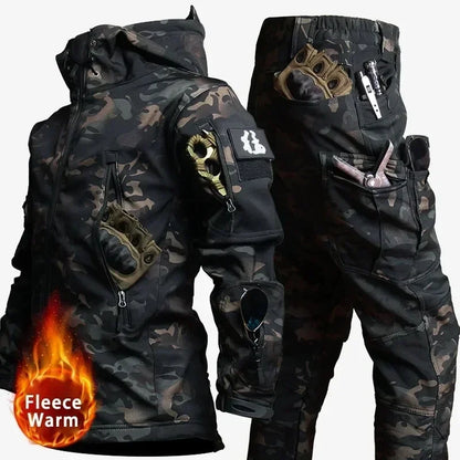 Men’s Winter Thicken Camo Tactical Suit — Waterproof Hooded Jacket & Fleece Pants Outdoor Hunting 2-Piece Set