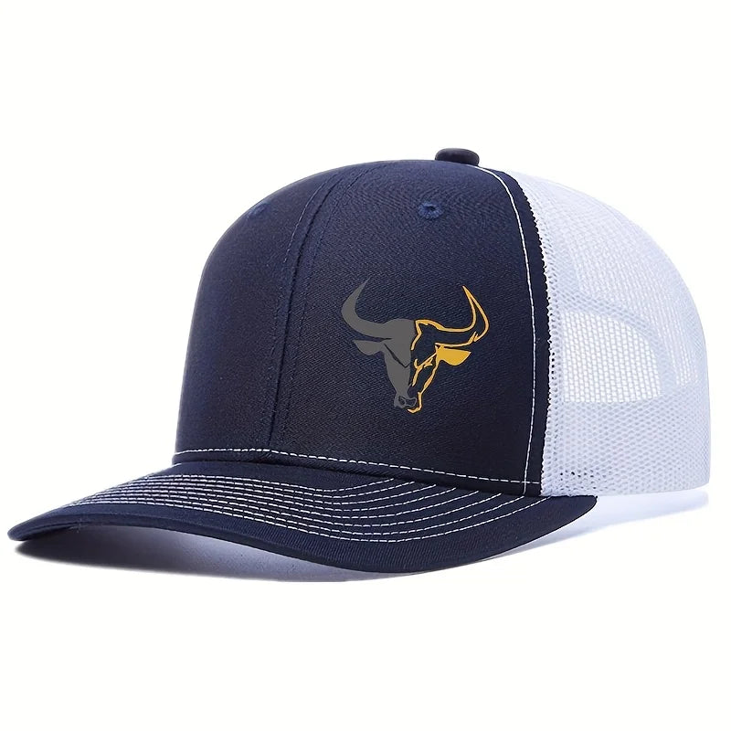 Bull Head Print Mesh Trucker Cap - Breathable Outdoor Baseball Hat for Men & Women Fishing Sports Style