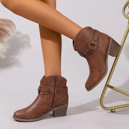 Women’s Round Toe Buckle Strap Boots – Copper Side Zipper Comfortable Versatile Commuting Bare Boots