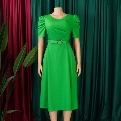 Women's Pleated A-Line Dress - Elegant V-Neck Short Sleeve Office & Church Wear