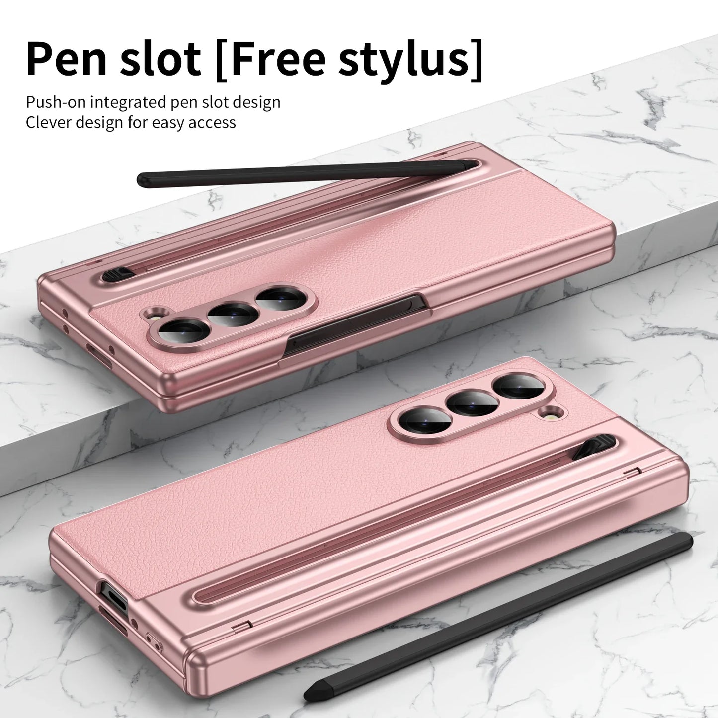 Slim Leather Case with Touch Pen for Samsung Galaxy Z Fold 6/5/W25/4/3 – Plated Hinge & Full Screen Protector Cover