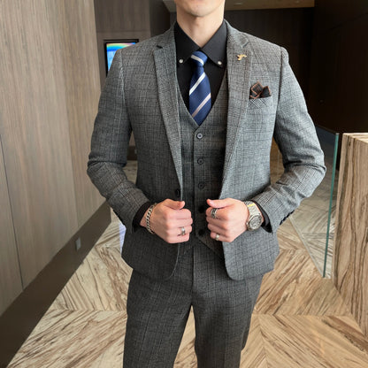 Men’s British Korean Plaid Three-Piece Suit – Stylish Business Casual Set with Blazer, Vest & Trousers