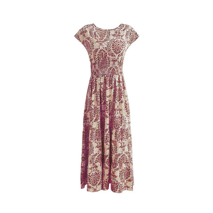 2025 Vintage Printed V-Neck Dress – Elegant Short-Sleeve Jumpsuit with Long Skirt for Women