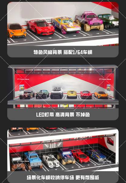 1:64 Scale Garage Scene Model with Lights – Assembled Parking Lot Diorama for Miniature Car Display