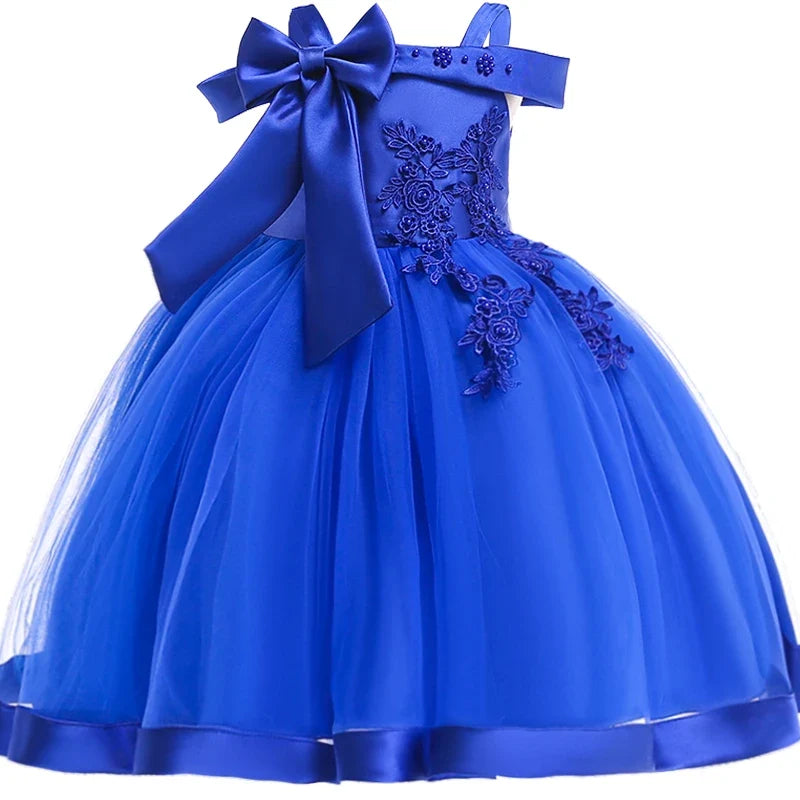 Girls’ Christmas Party Dress - Elegant Appliqué Flower Bow Gown for Weddings, Birthdays & Prom Ages 3–10