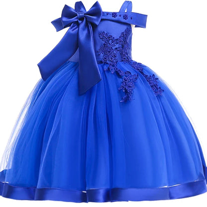 Girls’ Christmas Party Dress - Elegant Appliqué Flower Bow Gown for Weddings, Birthdays & Prom Ages 3–10