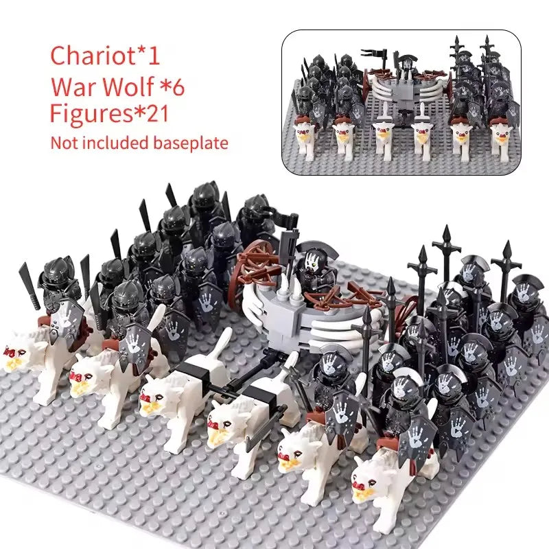MOC Medieval LOTR Figures — Black Wolves & Mounted Chariots Action Dolls, Assembled Brick Building Blocks Toy