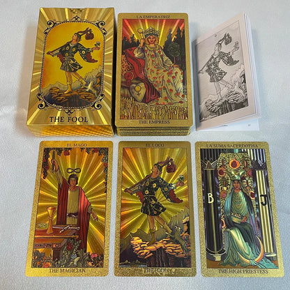 Spanish & English Golden Foil Tarot Cards – 12x7cm Divination Deck for Beginners with 2-Language Guidebook