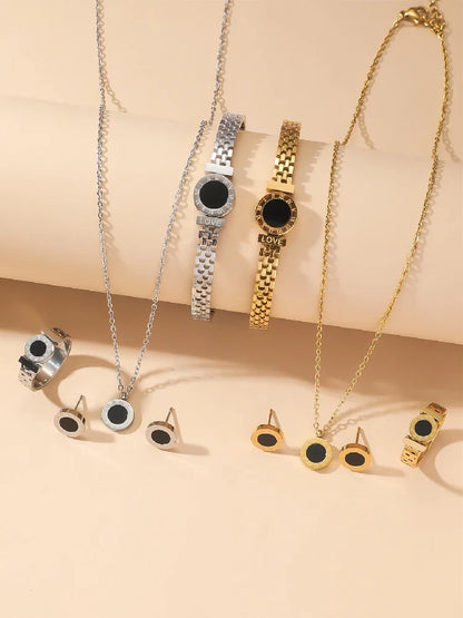 Niche Design Roman Digital Jewelry Set — Titanium Steel Necklace, Bracelet & Ring Studs for Women, Simple & Elegant
