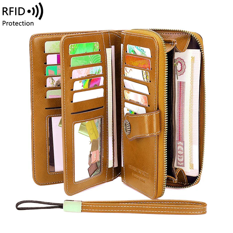 RFID Anti-Theft Retro Large Capacity Women's Wallet – Multi-Card Zipper Wallet with Wrist Strap
