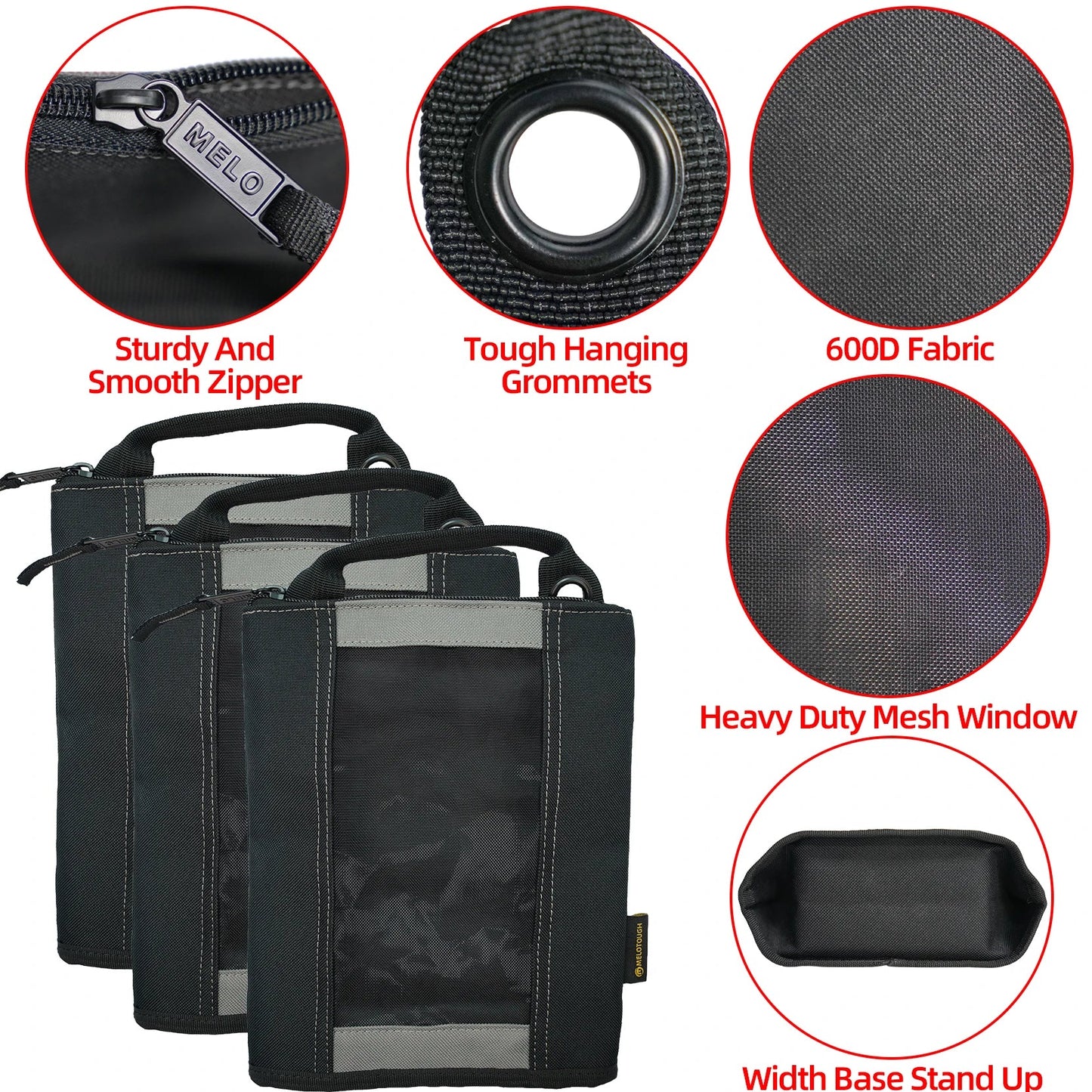 MELOTOUGH Canvas Tool Pouch | 2-Pack Zipper Bags with Mesh Window & Hanging Grommets