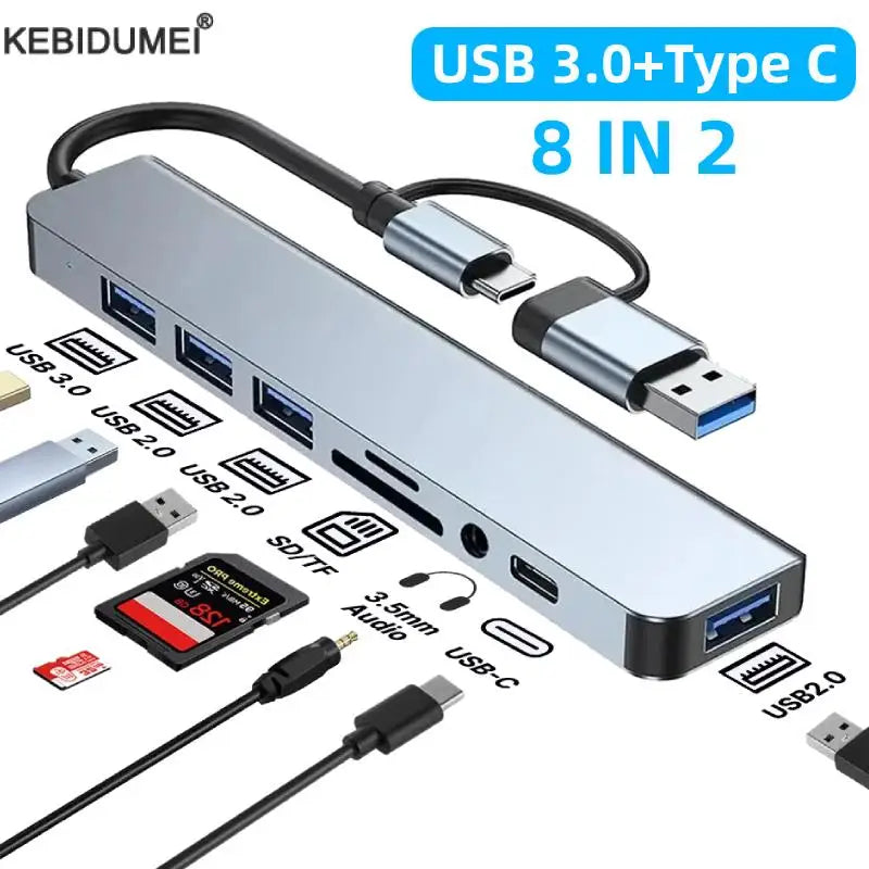 USB 3.0 Type-C Adapter Docking Station – Multi-Hub Splitter with USB 2.0 Port, TF/SD Card Reader, Audio Output for MacBook Pro, Computer