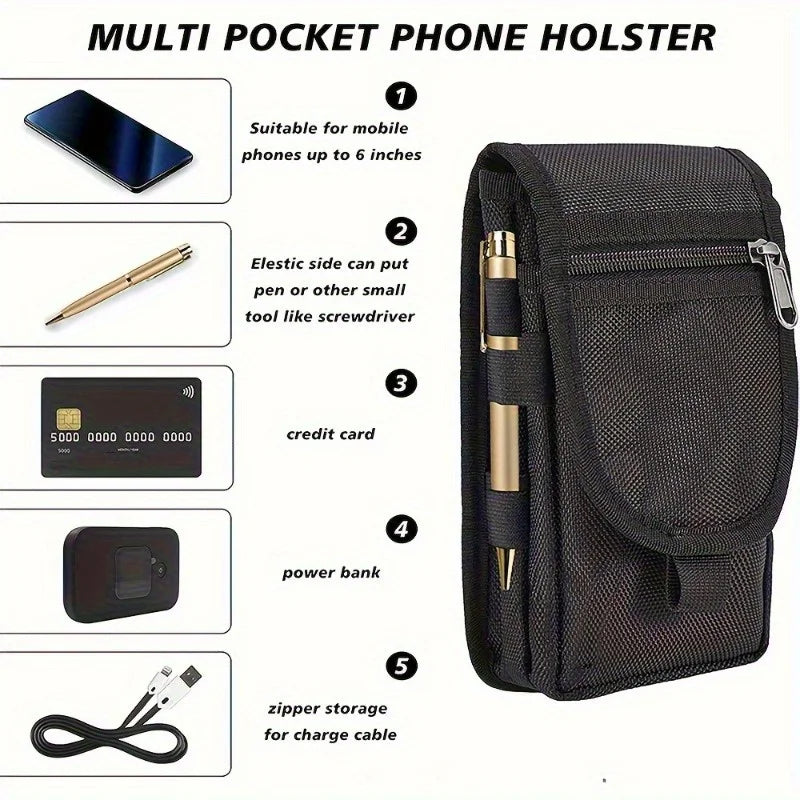 6.3-Inch Multi-Functional Mobile Phone Bag – Oxford Fabric Belt Pouch for Men’s Outdoor Use, Compatible with iPhone 15 & 16