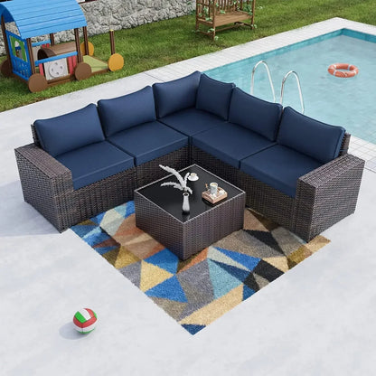 6-Piece Outdoor Patio Furniture Set – PE Wicker Rattan Sectional Sofa with Navy Blue Cushions, Fast Shipping
