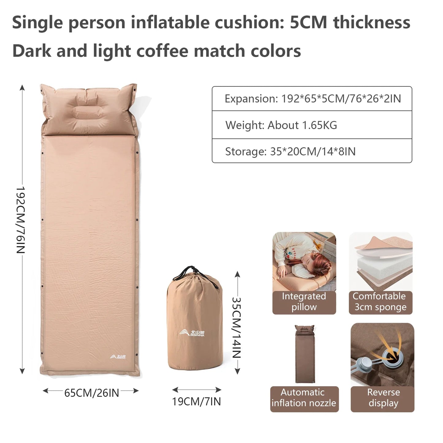 BISINNA Outdoor Self-Inflating Mattress – Ultralight Camping Inflatable Sleeping Pad for Travel, Hiking & Picnic