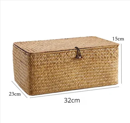 Handmade Seagrass Woven Storage Box with Lid - Seaweed Finishing Basket for Sundries, Bath Cosmetics, and Towels, Model MX01161829
