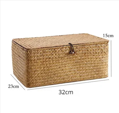 Handmade Seagrass Woven Storage Box with Lid - Seaweed Finishing Basket for Sundries, Bath Cosmetics, and Towels, Model MX01161829