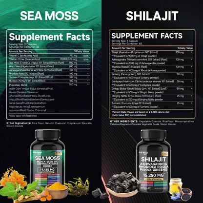 Sea Moss & Shilajit Supplement Bundle – 120 Capsules with Black Seed Oil, Ashwagandha, Ginger, Burdock Root, Turmeric & Black Pepper