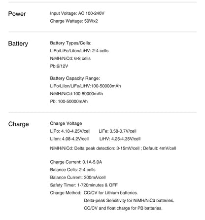 SKYRC T100 AC Dual 5A Lipo Battery Charger — 2x50W Balance Charger for 2-4S NiMH, NiCd, LiPo, LiFe, LiIon, LiHV RC Cars