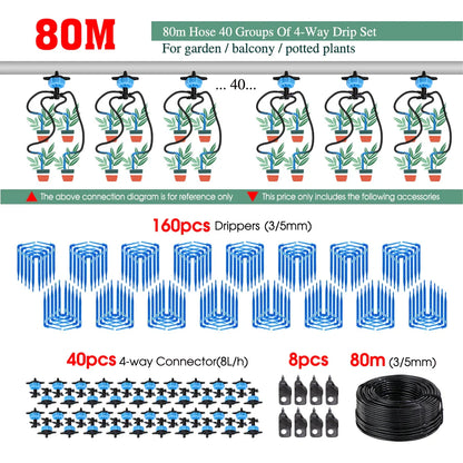 MUCIAKIE 4/2-Way Drip Irrigation System Kit – 100–10M 8L Watering Dripper Sprinkler for Potted Plants & Garden Use
