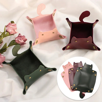 Cute Cat-Shaped Leather Storage Tray - DIY Folding Tray for Dice, Coins, Jewelry, Keys, and Makeup, Desktop Household Organizer Case