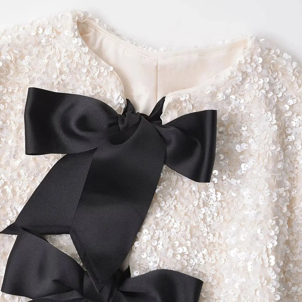 TRAF Women's Sequin Cropped Jacket – Long Sleeve O-Neck Coat with Bow Tie, Chic Outerwear Top