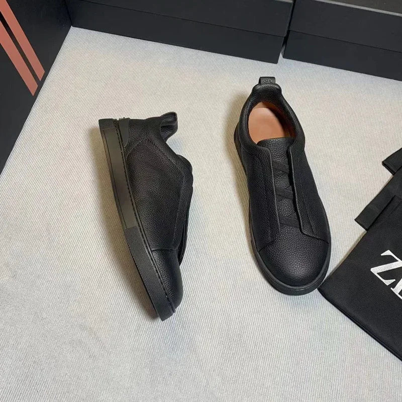 Men's Summer Casual Shoes — Top Layer Cow Leather, Breathable Luxury Deer Skin Slip-On Sneakers